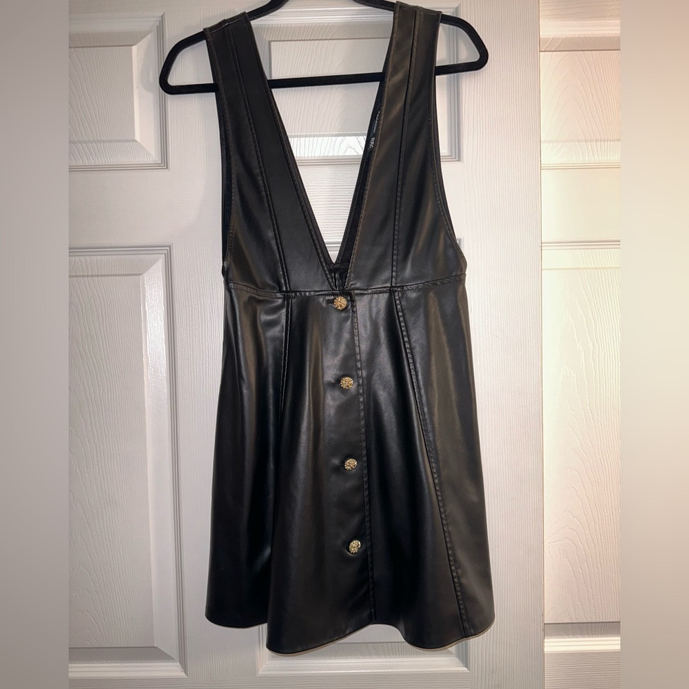 Zara faux vegan leather button front deep V neck dress